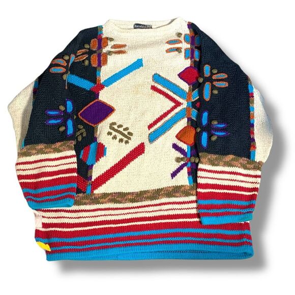 Vintage 90s Abstract Knit Sweater Bold Graphic Oversized Red Stripe Large Weave - Picture 2 of 11